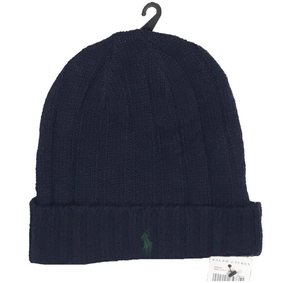 NEW Polo Ralph Lauren Winter Beanie Hat!  Navy With Green Polo Player  Ribbed - Picture 1 of 1